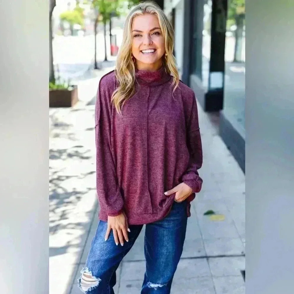 Weekend Ready Burgundy Brushed Mélange Mock Neck Sweater